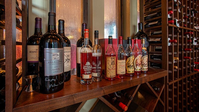 Wine and liquor bottles in wine room